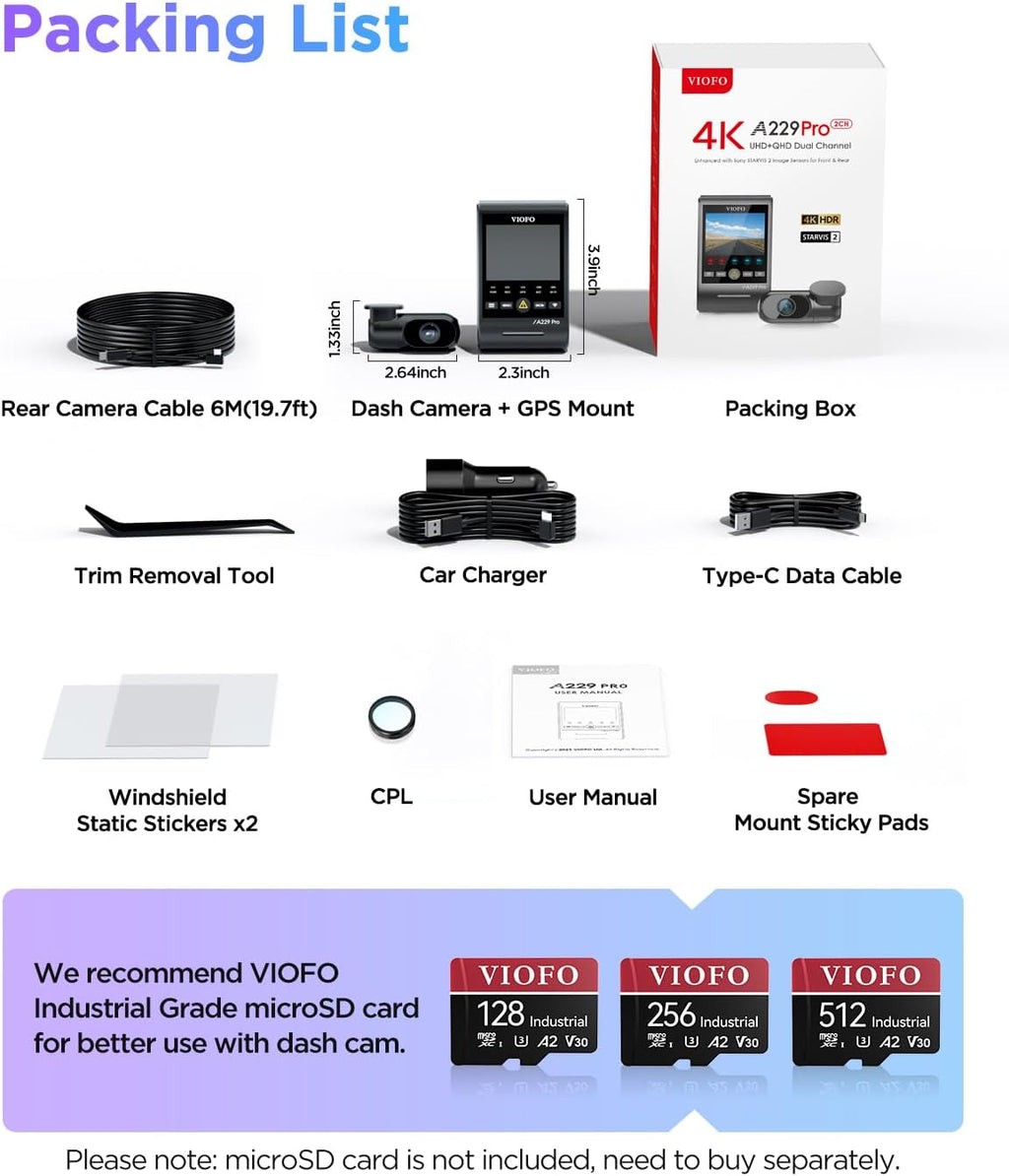 viofo a229 pro 4k hdr dash cam front, front angle view