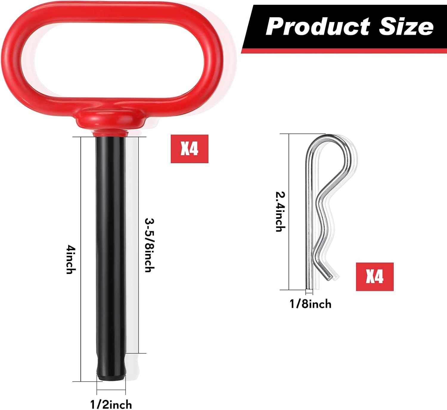 BBTO 4 Pieces Tractor Hitch Pin 1/2 x 3-5/8 Inch Red Trailer Handle Hitch Pin Accessories Farm Turn Mower Towing Cargo Boat RV Car Truck Bike ATV