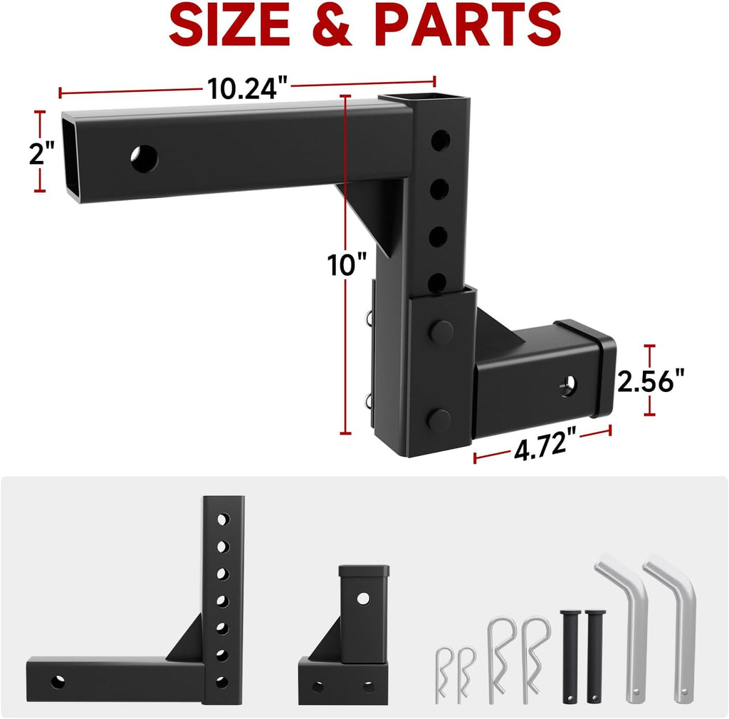 Adjustable Trailer Hitch for 2" Receiver, 9.6" Drop/Rise, 5000 lbs Towing Capacity, Heavy Duty Steel Tow Hitch with 4 Pins for Truck