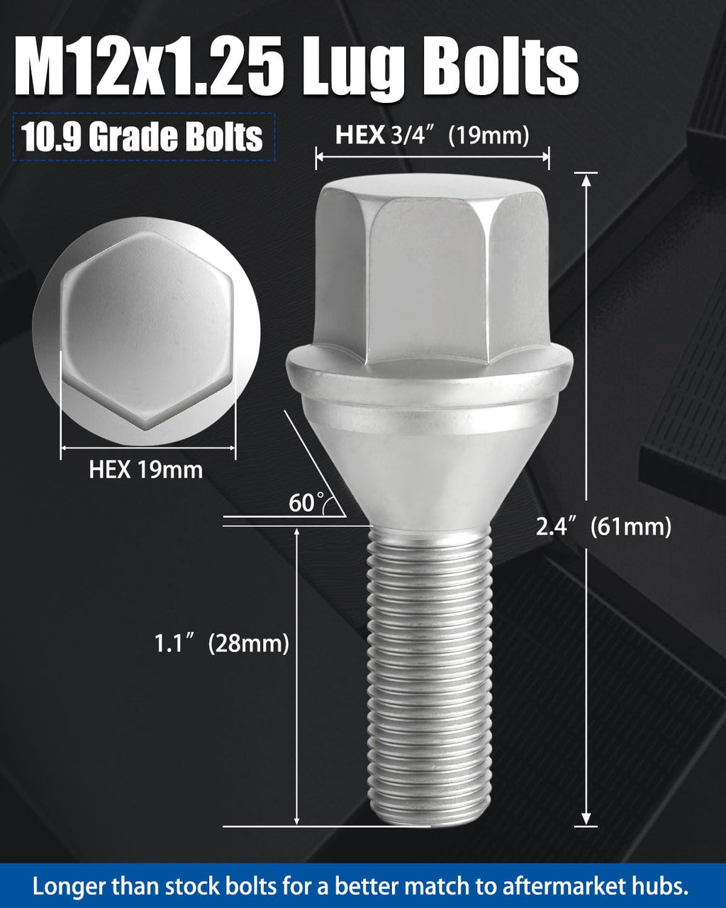 GAsupply 12X1.25 OEM Lug Bolts, Fit for 2015-2022 Renegade, 2018-2022 Compass, 2014-2022 Cherokee, 20pcs 28mm Shank One-Piece Factory Style Dacromet Chrome Wheel Bolt, 19mm Hex Stock Studs, Cone Seat