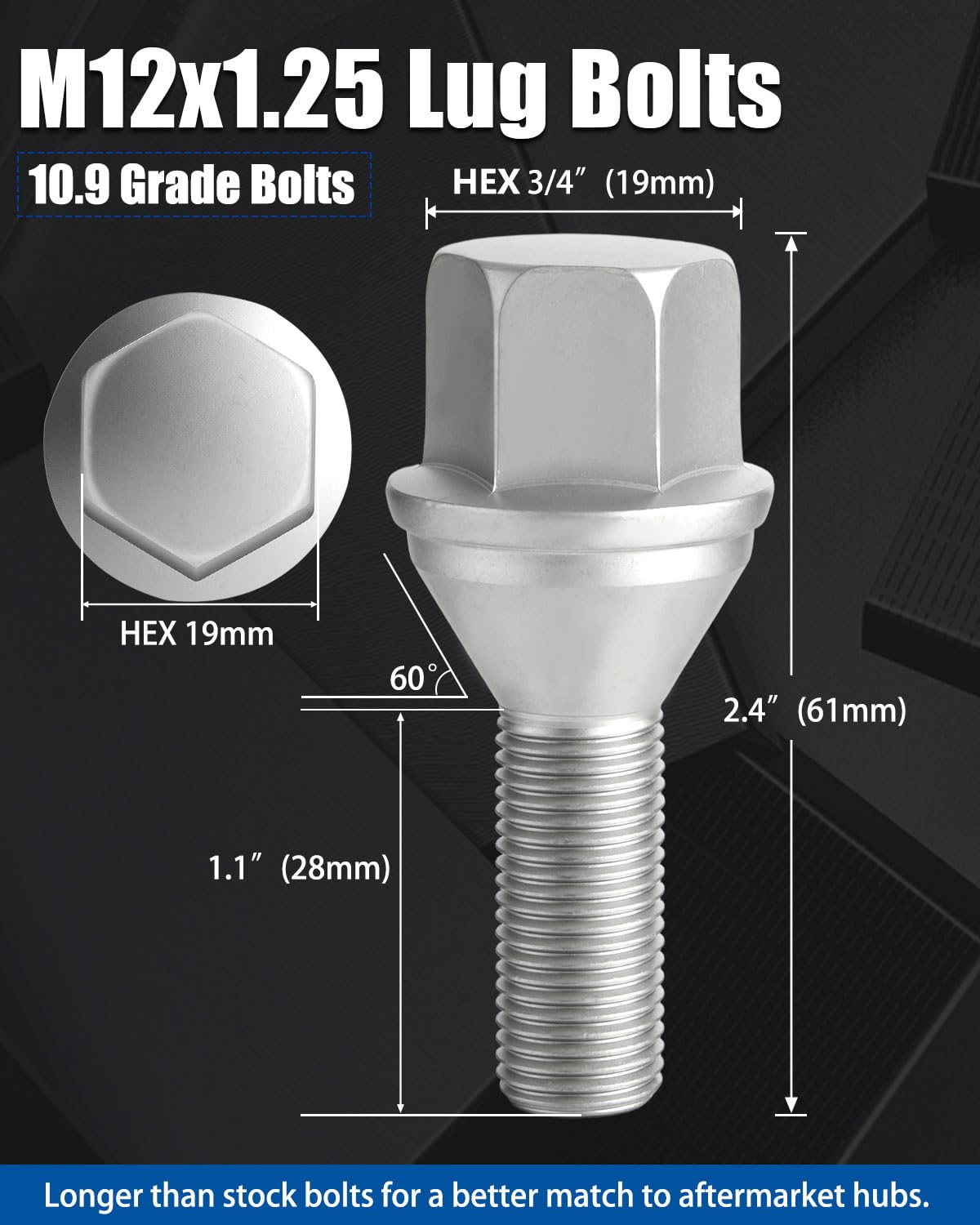 GAsupply 12X1.25 OEM Lug Bolts, Fit for 2015-2022 Renegade, 2018-2022 Compass, 2014-2022 Cherokee, 20pcs 28mm Shank One-Piece Factory Style Dacromet Chrome Wheel Bolt, 19mm Hex Stock Studs, Cone Seat