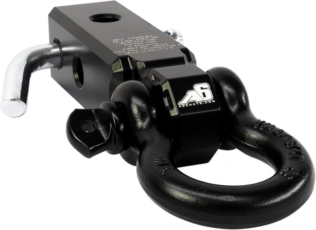 AGENCY 6 Recovery Shackle Block Assembly 2 in Double Hole - Recovery Hitch Receiver Block - Made in The America - Includes Hitch pin and D-Ring (Black)