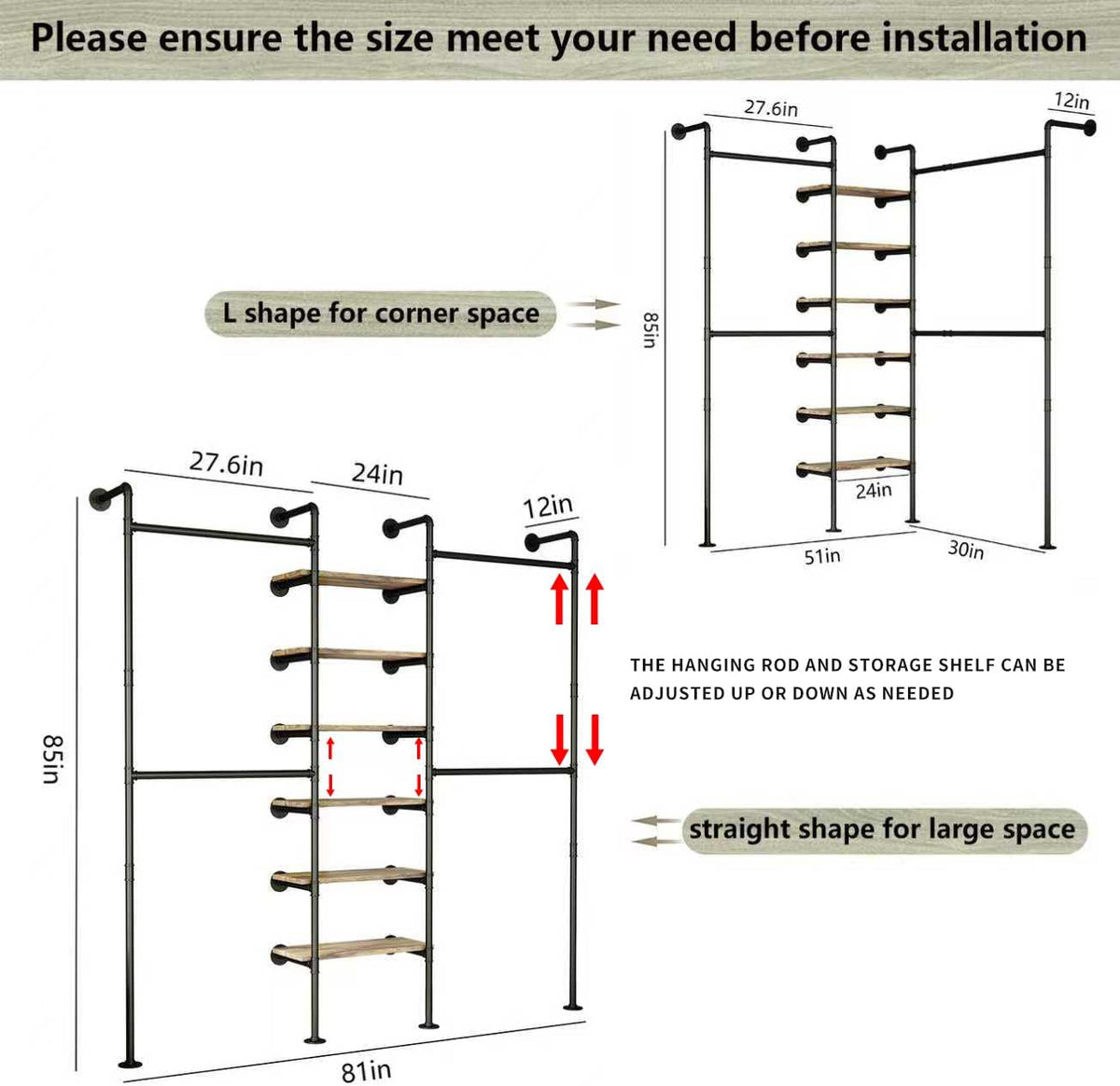 hkaikzo wall mounted closet system 85" h×81" w shown in use