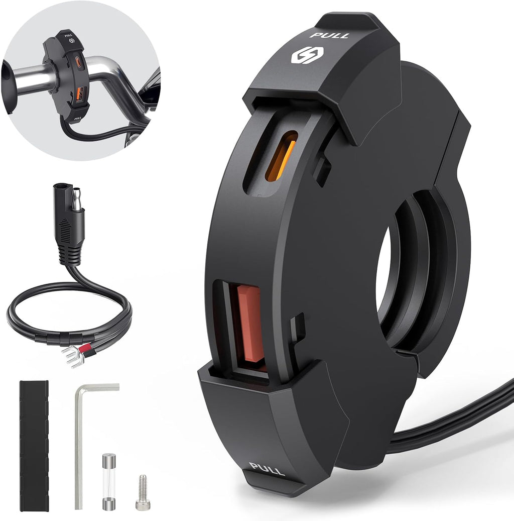 BlueFire Motorcycle USB Charger, Dual Motorcycle Handlebar Socket, USB QC3.0 Type-C 30W PD Fast Car Charger Power Adapter Charger Voltmeter for Phones/Tablets/GPS