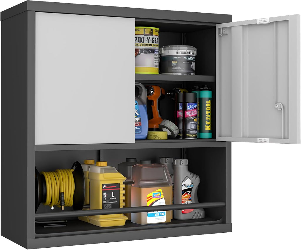 metal wall cabinet, steel floating hanging storage cabinet shown in use