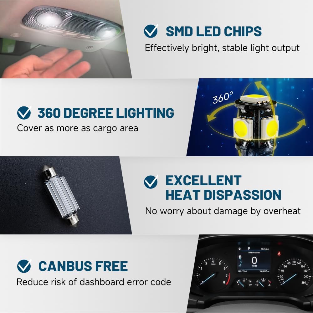 7PCS LED Interior Dome Cargo Light Replacement Kit Led for 2015-2024 F-ord Transit Cargo Van 150 250 350 350HD Map Dome Rear Load Area Luggage Compartment Lights T10 42mm Festoon Bulb Kit Set