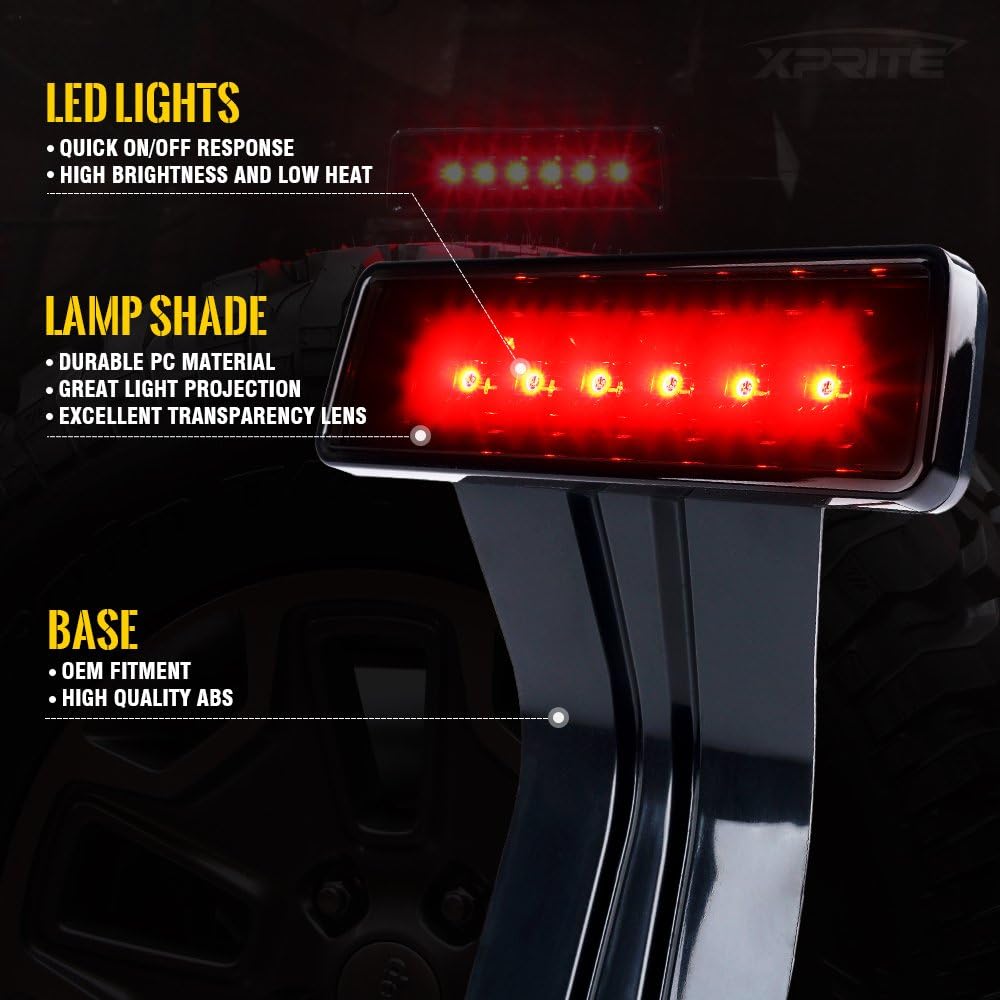 Xprite LED Third Brake Lights w/Smoke Lens High Mount Stop 3rd Tail Light Compatible with 2007-2018 Jeep Wrangler JK JKU