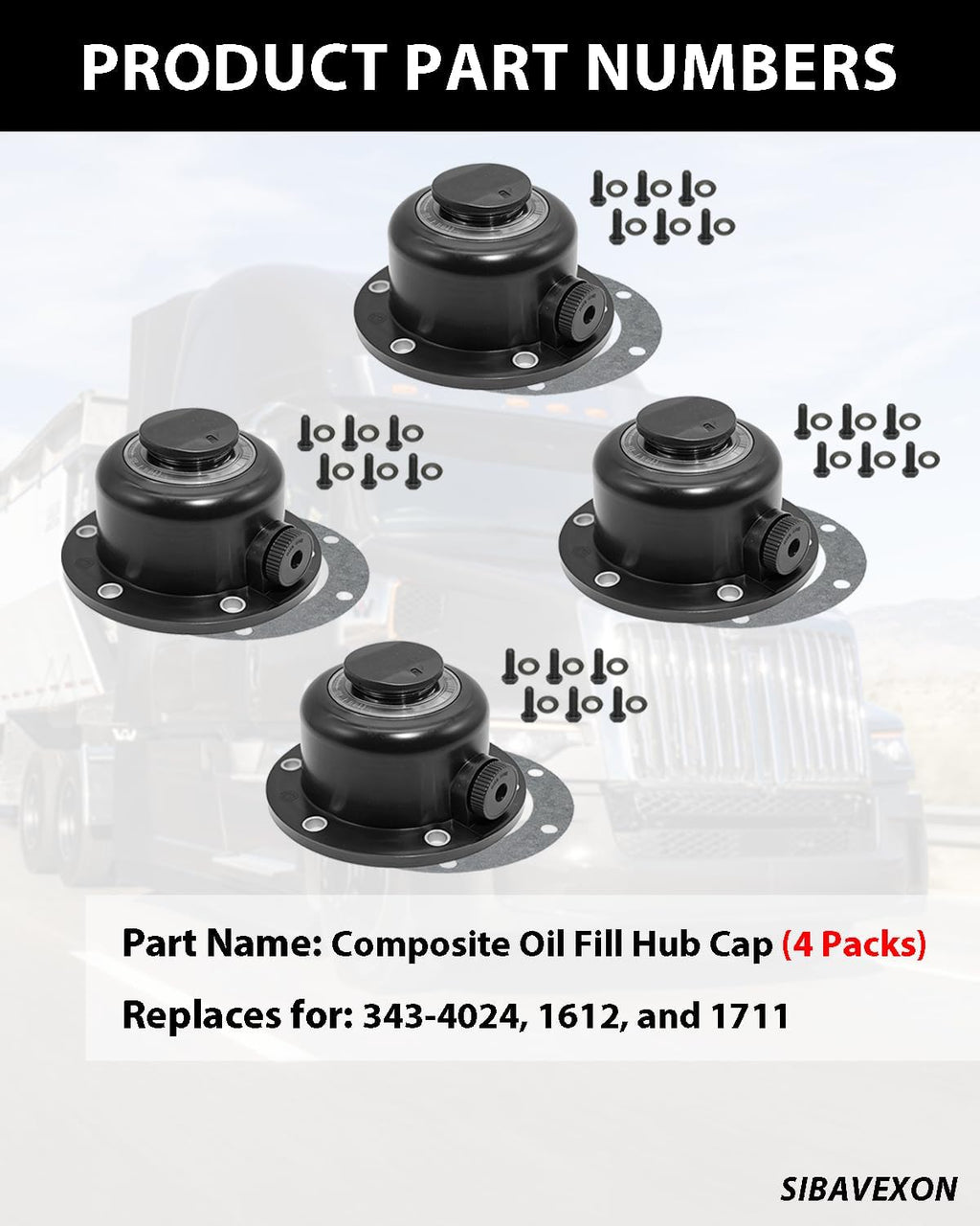 4 Pack Steer Axle Hub Caps, Black, 4.5 in, Replaces 343-4024 1612 1711 | Bolt-on oil cap for wheel-end service; helps protect the hub oil level window from road dust, splash and debris