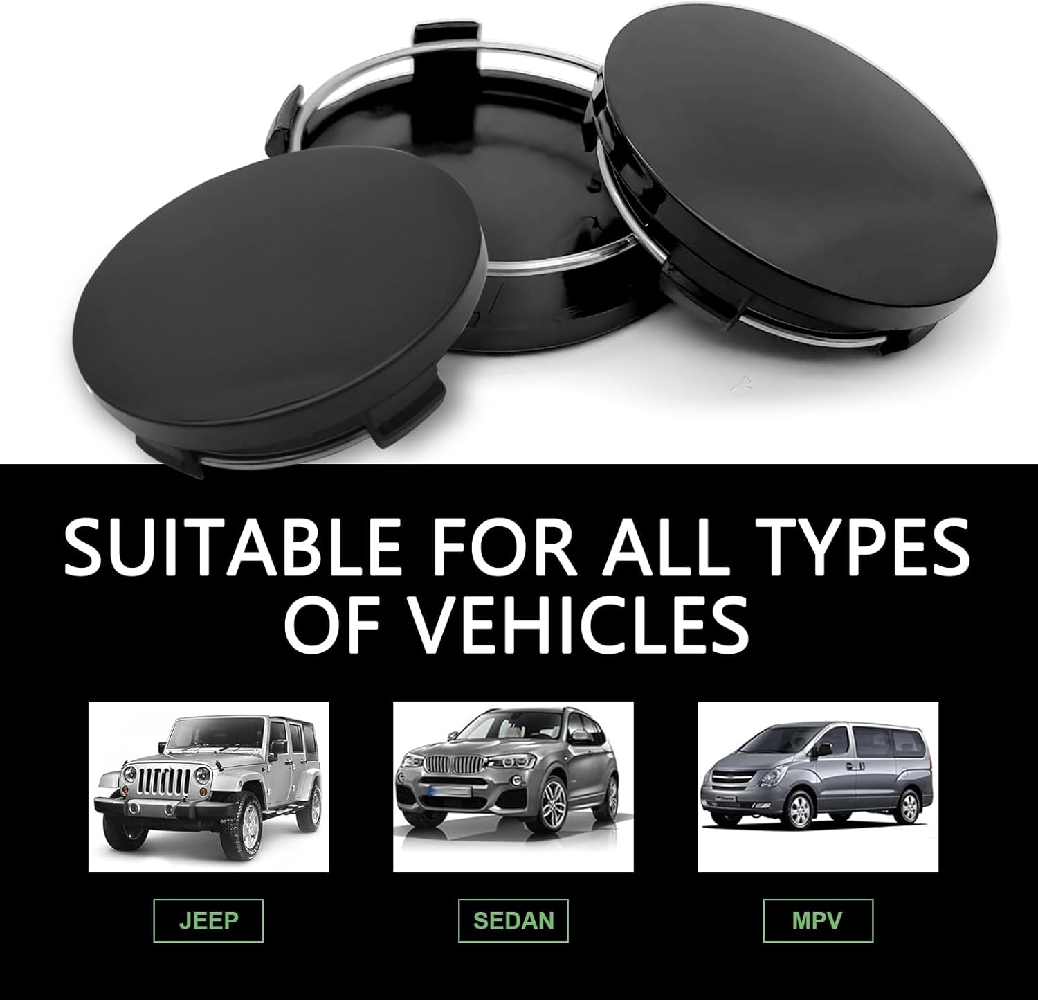 4PCS Car Wheel Center Caps, 60MM/2.36In OD 56MM/2.2In ID Center Hub Cover, ABS Snap-in Vehicle Rim Hub Caps, Rustproof Dustproof Center Cap for Rims, Universal Wheel Hub Decoration (Black)