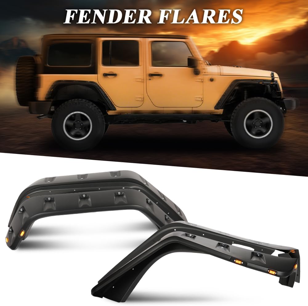 Fender Flares Compatible With 2007-2018 Jeep JK Wrangler Model Unlimited, Rubicon Unlimited 4PCS Textured Front and Rear Pocket Riveted Style With LED light Side Makers