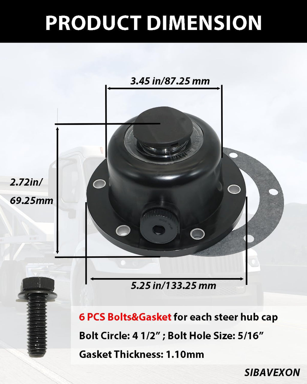 4 Pack Steer Axle Hub Caps, Black, 4.5 in, Replaces 343-4024 1612 1711 | Bolt-on oil cap for wheel-end service; helps protect the hub oil level window from road dust, splash and debris