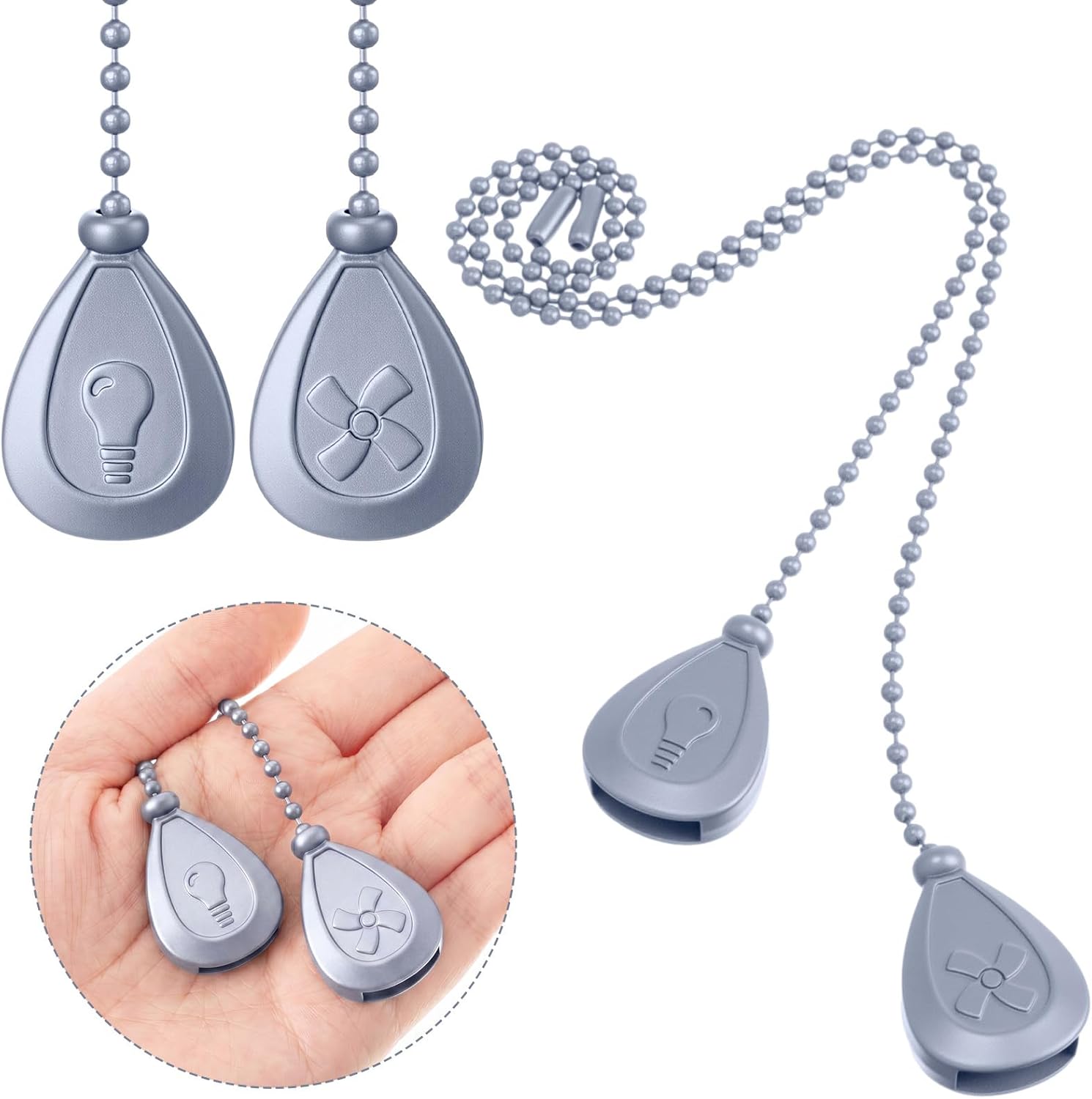 Patelai 4 Pieces Ceiling Fan Pull Chain Extender Ornament 12 Inch Ceiling Pull Chain Extension Classic Drop Shaped Pendant Beaded Ball Cord for Fan light lamp decorative with Connector(Silver Gray)