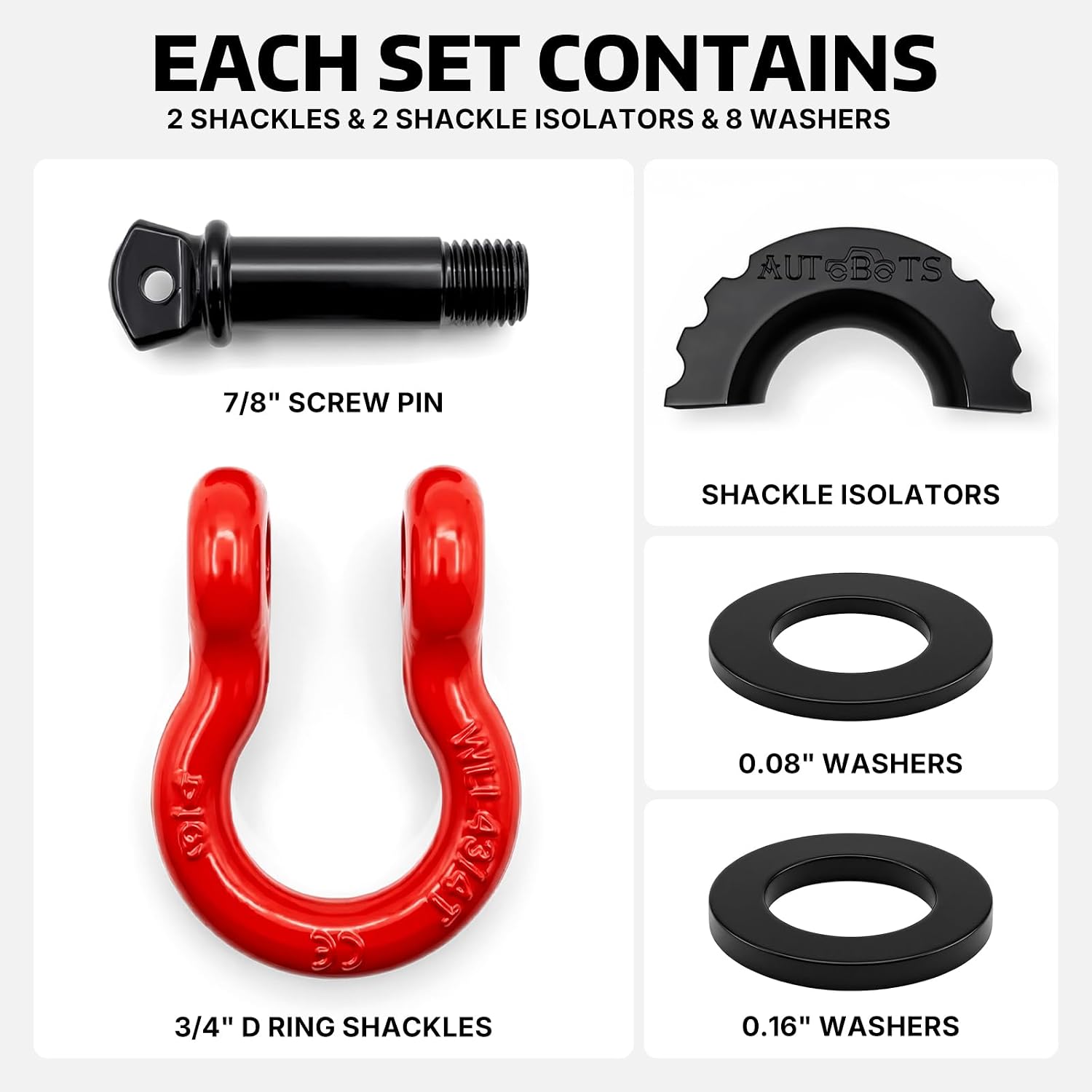 AUTOBOTS D Ring Shackles 3/4" Heavy Duty Red | 45,000lb Break Strength, Clevis Shackle with 7/8 Pin and Isolator Washers, for Tow Strap Jeep Vehicle Off Road Recovery