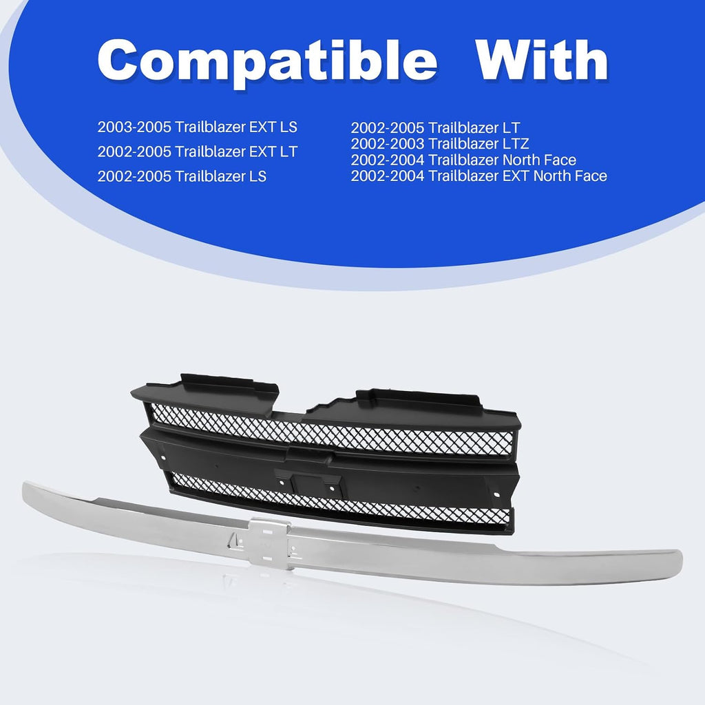 CarPartsDepot Front Grille Chrome Center Bar With Dark Gray Mesh Compatible With 2002-2005 Chevy Trailblazer GM1200477 10358128