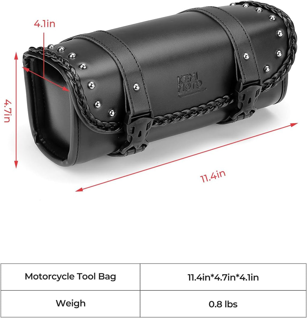 KEMIMOTO Motorcycle Tool Fork Bag PU Leather Universal Saddlebag for Front Fork Handlebar Sissybar Storage Pouch Motorcycle Roll Bag (Black Classic Buckle)