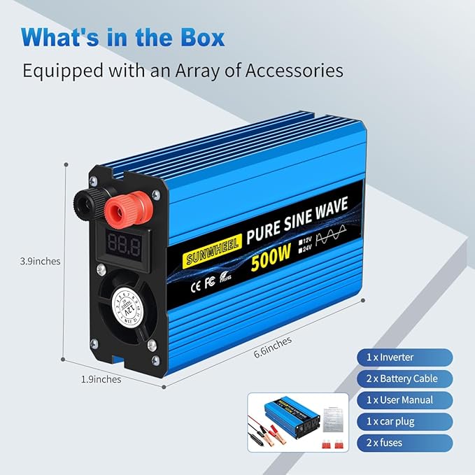 SUNWHEEL 500W 24V Pure Sine Wave Inverter, DC 24V to AC 110V/120V Car Power - Image 9