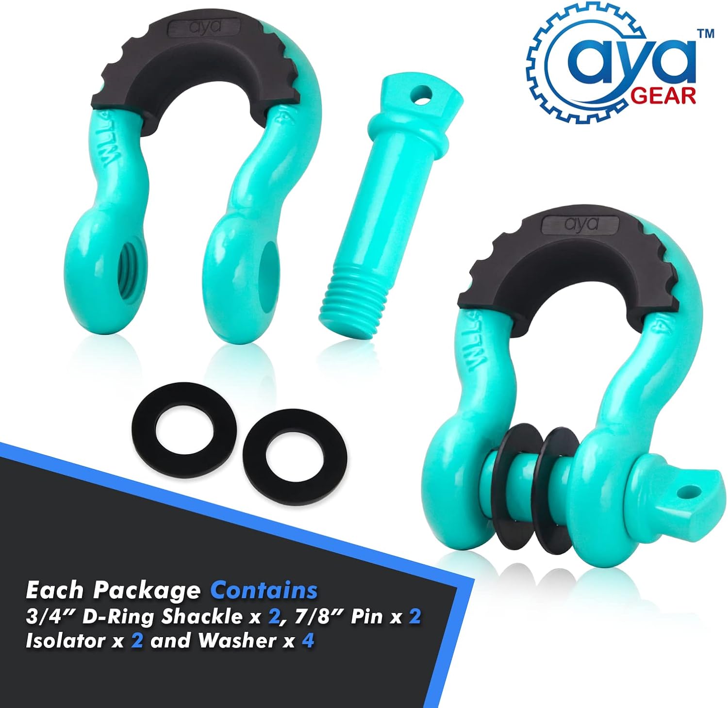 D Ring Shackle (2 Pack) 62,700 Ibs Break Strength with 7/8" Screw Pin and Shackle Isolator & Washers Kit for Tow Strap Winch, Off Road Vehicle Recovery Jeep Truck (Tiffany Blue-Black)