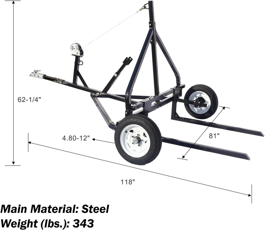 Adjustable Round Bale Mover Hay Bale Trailer Bale Hauler Manual Winch 1500 lbs Capacity 4.80-12" Tubeless Tires Heavy Duty Steel Frame ATV UTV Truck Towable Bale Lifter Transport Tool Black