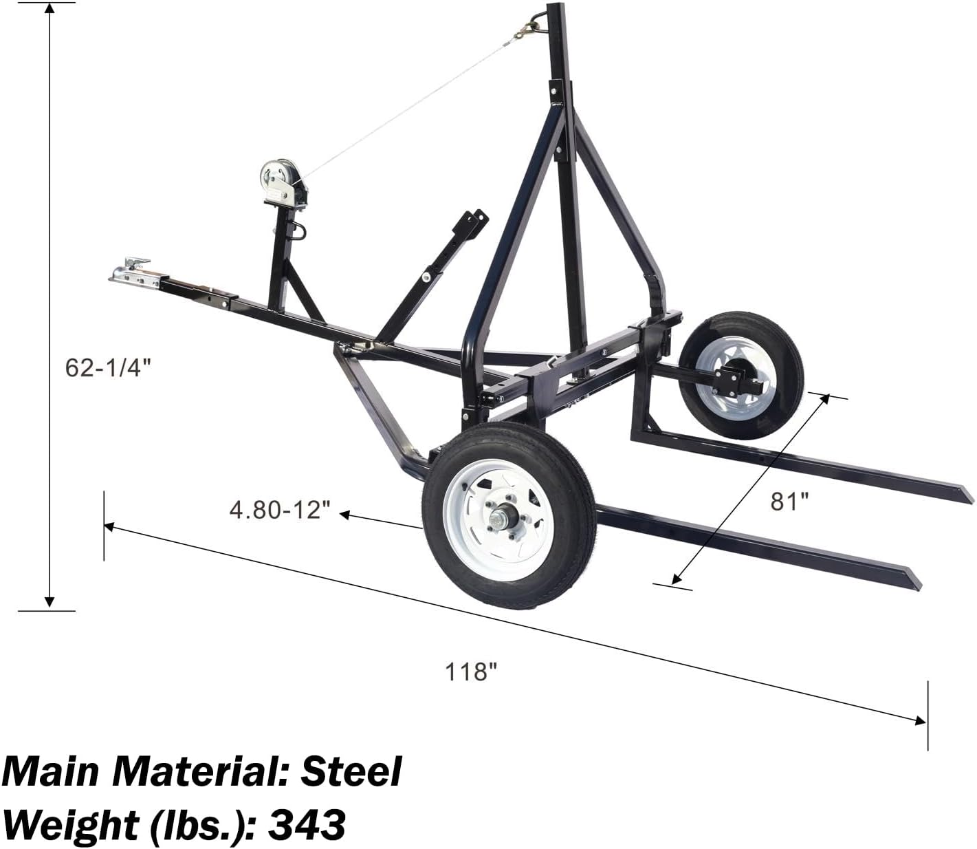 Adjustable Round Bale Mover Hay Bale Trailer Bale Hauler Manual Winch 1500 lbs Capacity 4.80-12" Tubeless Tires Heavy Duty Steel Frame ATV UTV Truck Towable Bale Lifter Transport Tool Black