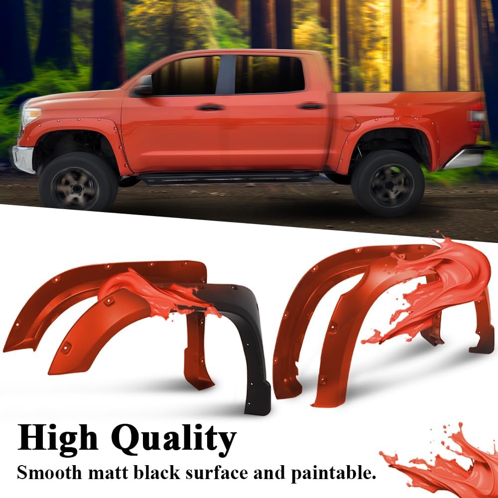 ANDPLAY Fender Flares Compatible With 2014-2021 Toyota Tundra SR | SR5 | Platinum | Limited Smooth Matte Pocket Riveted Style Wheel Cover Protector Vent Trim 4pcs