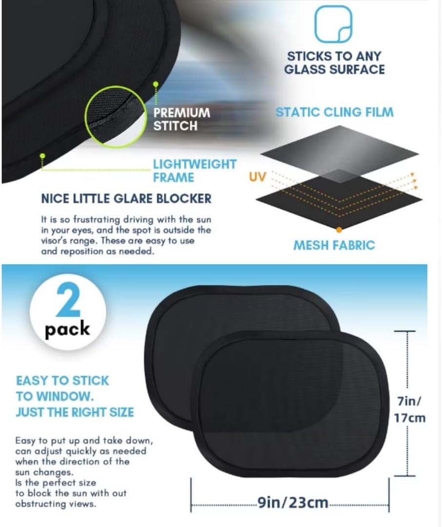 10.04 x 7.09 Inch Static Cling Car Window Sun Shades 2 Pack Mini Anti-Glare Sun Visor Film No Suction Cup Portable UV Block Sun Blocker for Car Side Window