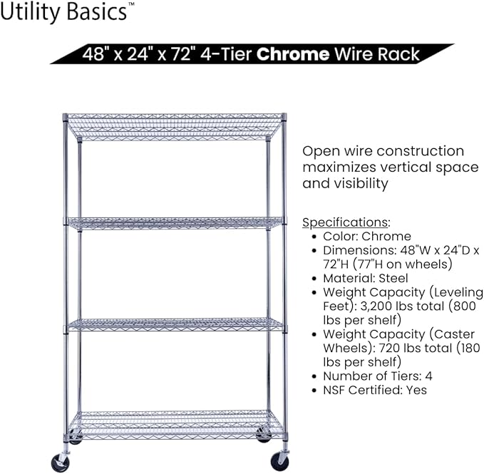 48"x24"x72" Chrome Premium Metal Steel Wire Shelving 4-Tier NSF 3200 LBS MAX - Image 5