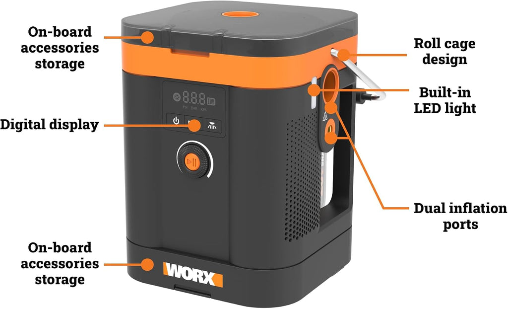 WORX Tire Inflator Portable Air Compressor, 20V Cordless Air Pump for Car Tires, Motorcycle & Balls, 150 PSI Bike Tire Pump with Digital Pressure Gauge, Battery & Charger Not Included, WX098L.9
