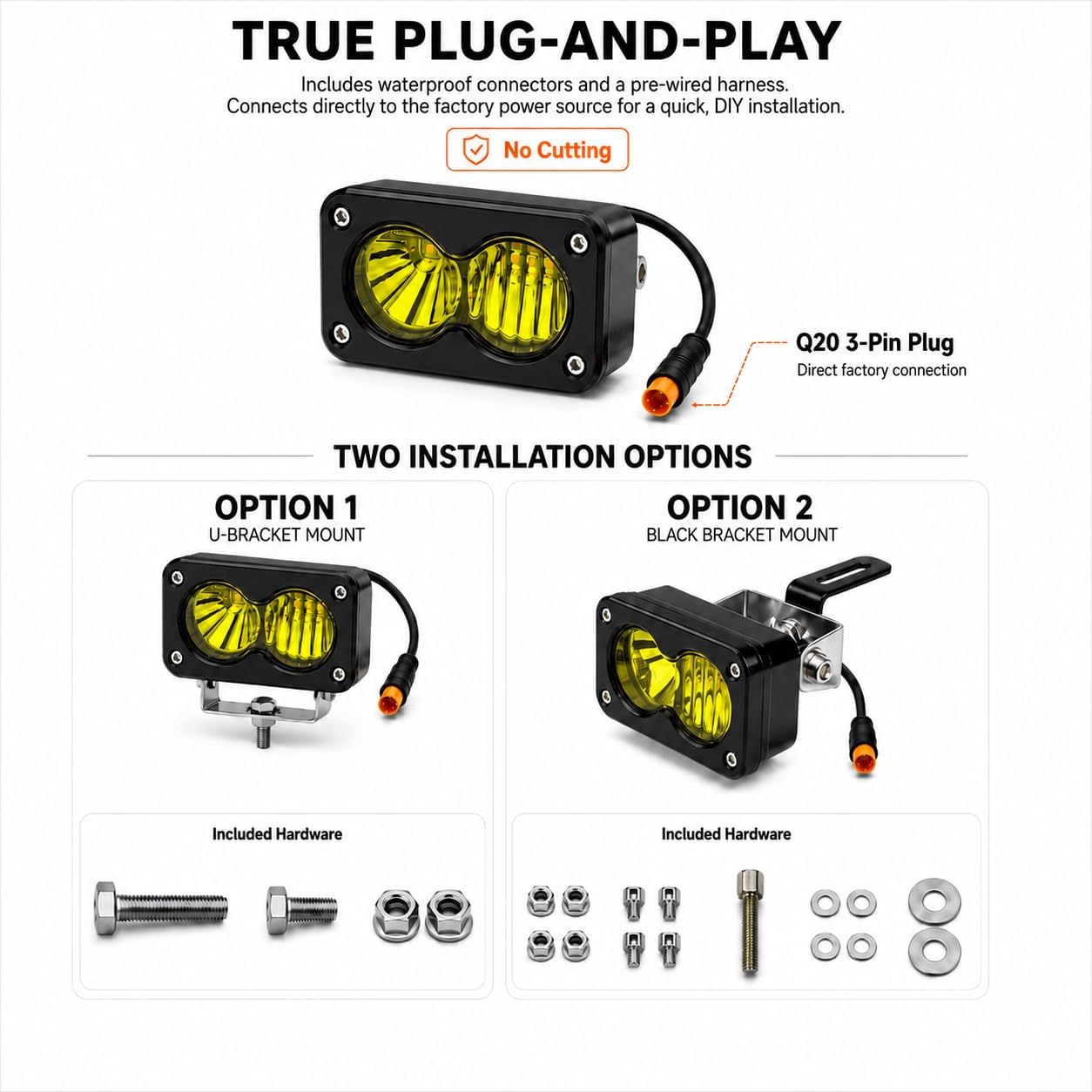 Upgrade LED Baja Headlight for Ridstar Q20/Q20 Lite/Q20 Pro,20W 6000-6500K Waterproof 3-Pin Plug and Play w/Mount Bracket,Yellow High Beam Light
