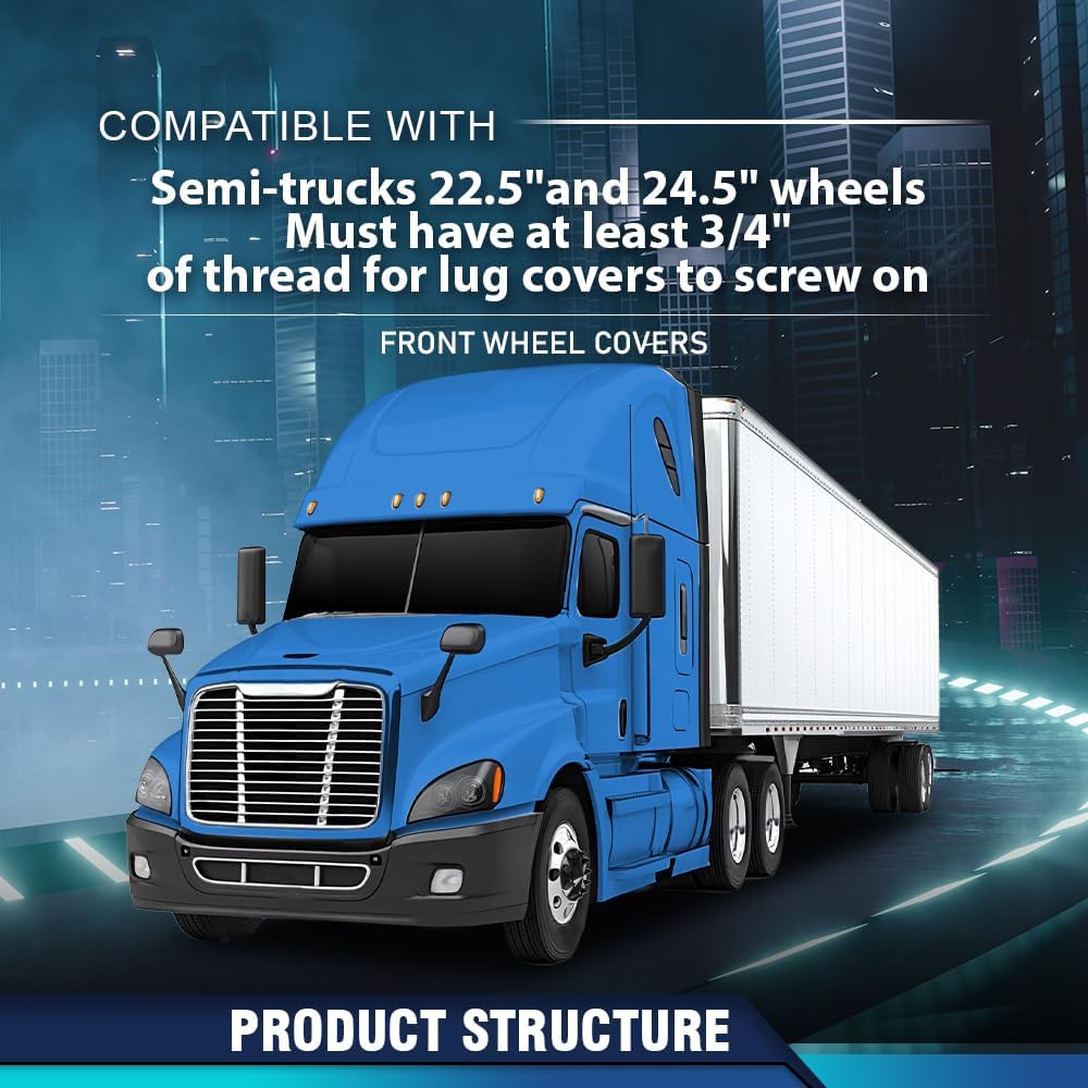 PIT66 Front Semi Truck Front Wheel Covers Fit 22.5 24.5 Inch Wheels Black | Pair Satin Black Hub Caps with 33mm Spikes & Lug Nut Covers for Semi Trucks. Fits Front Wheels 22.5" and 24.5"