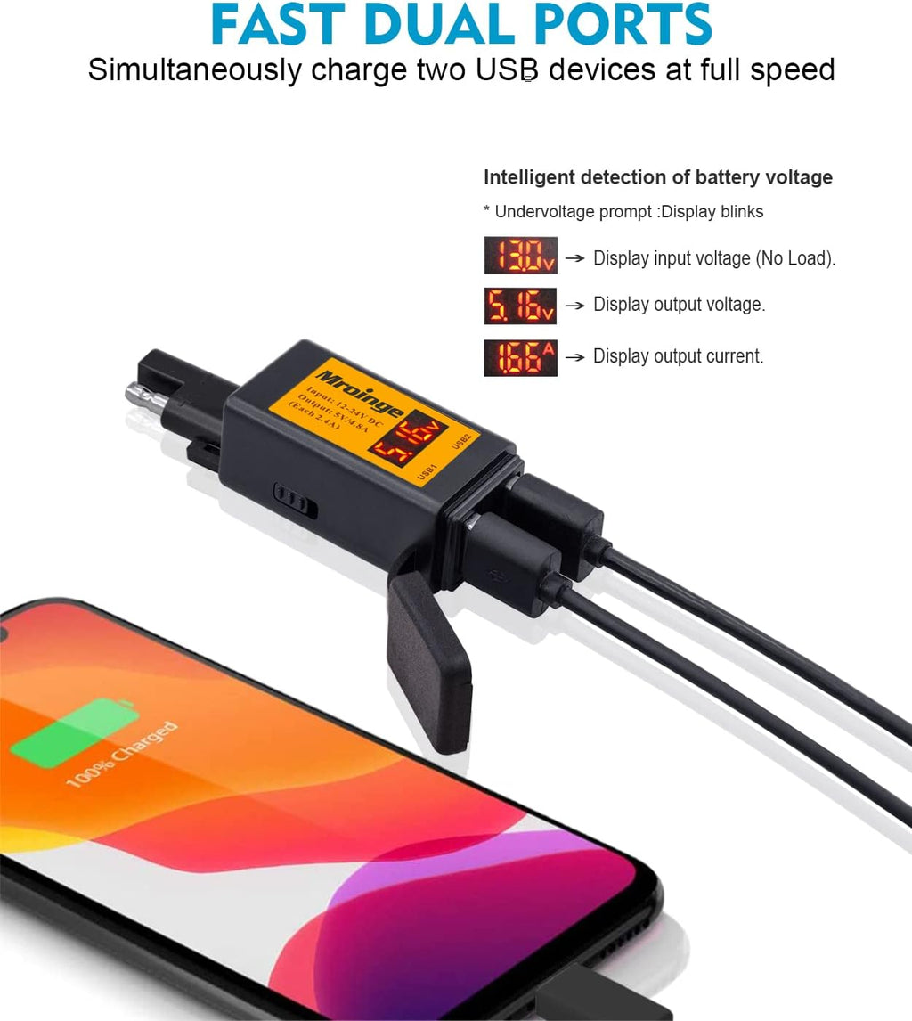Motorcycle USB Charger, Mroinge 4.8A SAE to USB Adapter with Voltmeter & Ammeter, Quick Disconnect Plug with Dual USB Charger Perfect for Smart Device Charging, with ON/Off Switch