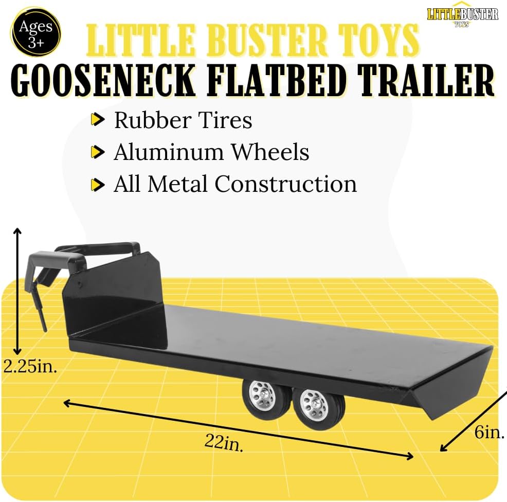 Little Buster Toys Gooseneck Flatbed Trailer – All-Metal 1:16 Scale Black Ranch Hauling Accessory for Farm Displays, Dioramas & Collectible Western Scenes – Durable Metal Trailer with Rubber Tires