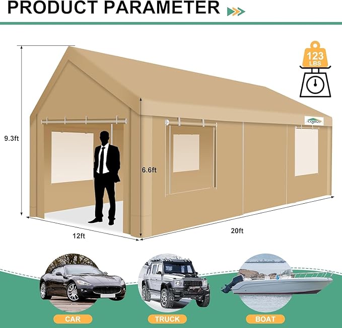 COBIZI Carport 12x20ft Heavy Duty Portable Garage, 2.0 Powder Coated Frame - Image 3