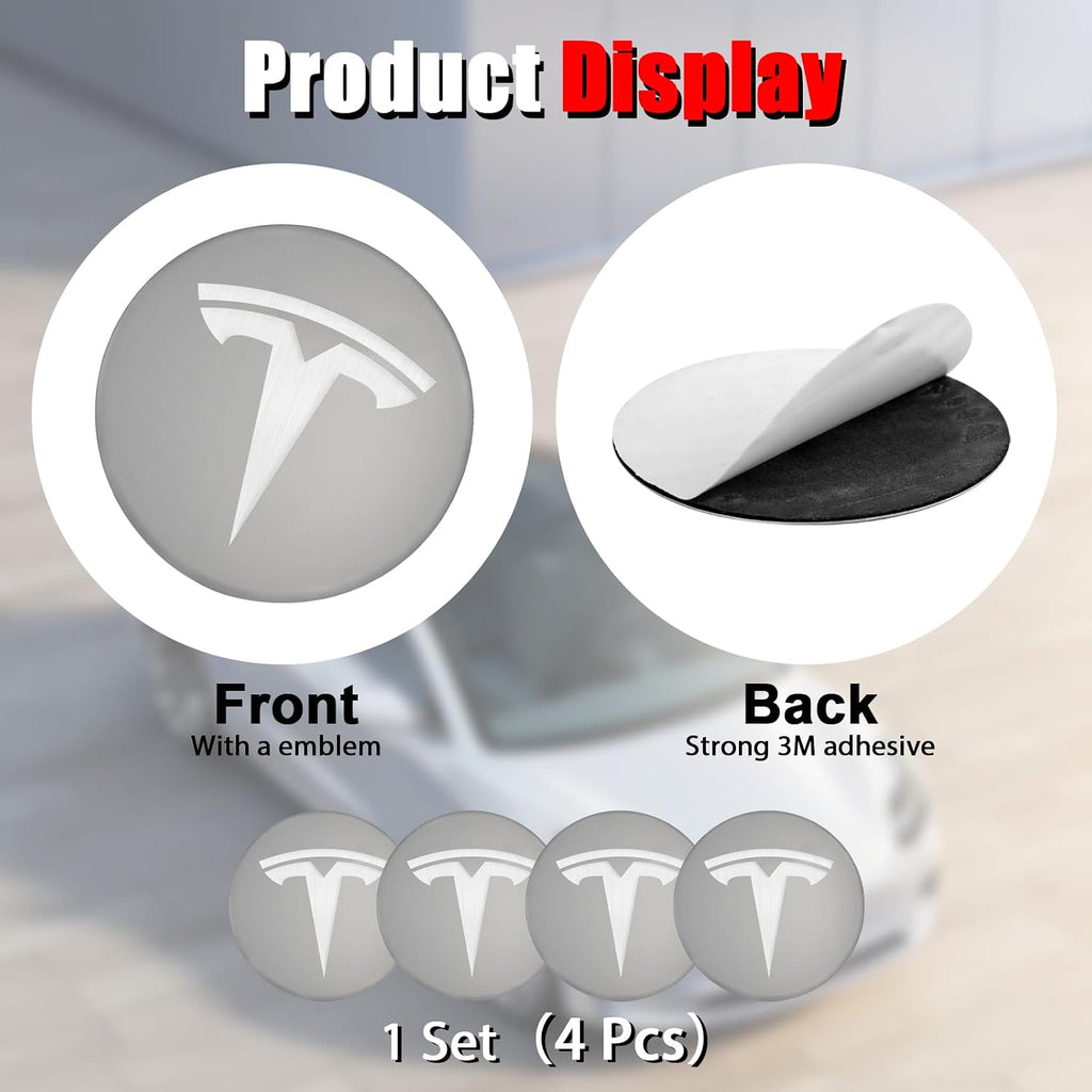 4 PCS Wheel Center Hub Cap Sticker for Model 3 / Model Y, Wheel Rim Cover 2.2” Center Cap Sticker Compatible for Tesla Hubcaps with Logo Emblem,Gray & Silver Wheel Hub Caps Waterproof Adhesive Backing