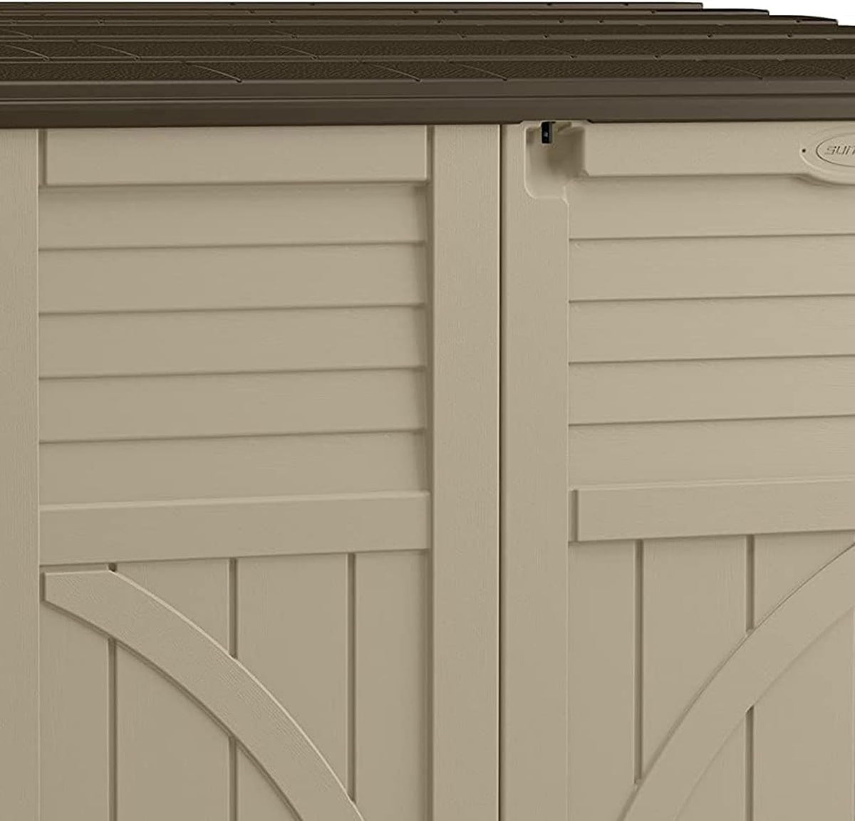 suncast horizontal shed, compact outdoor storage system, 34 on a desk or shelf
