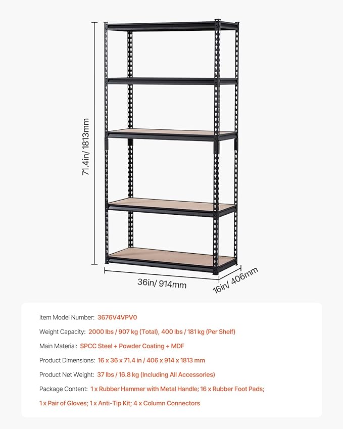 VEVOR Storage Shelves, 2000 lbs, 5 Tier Garage Storage Shelving - Image 8