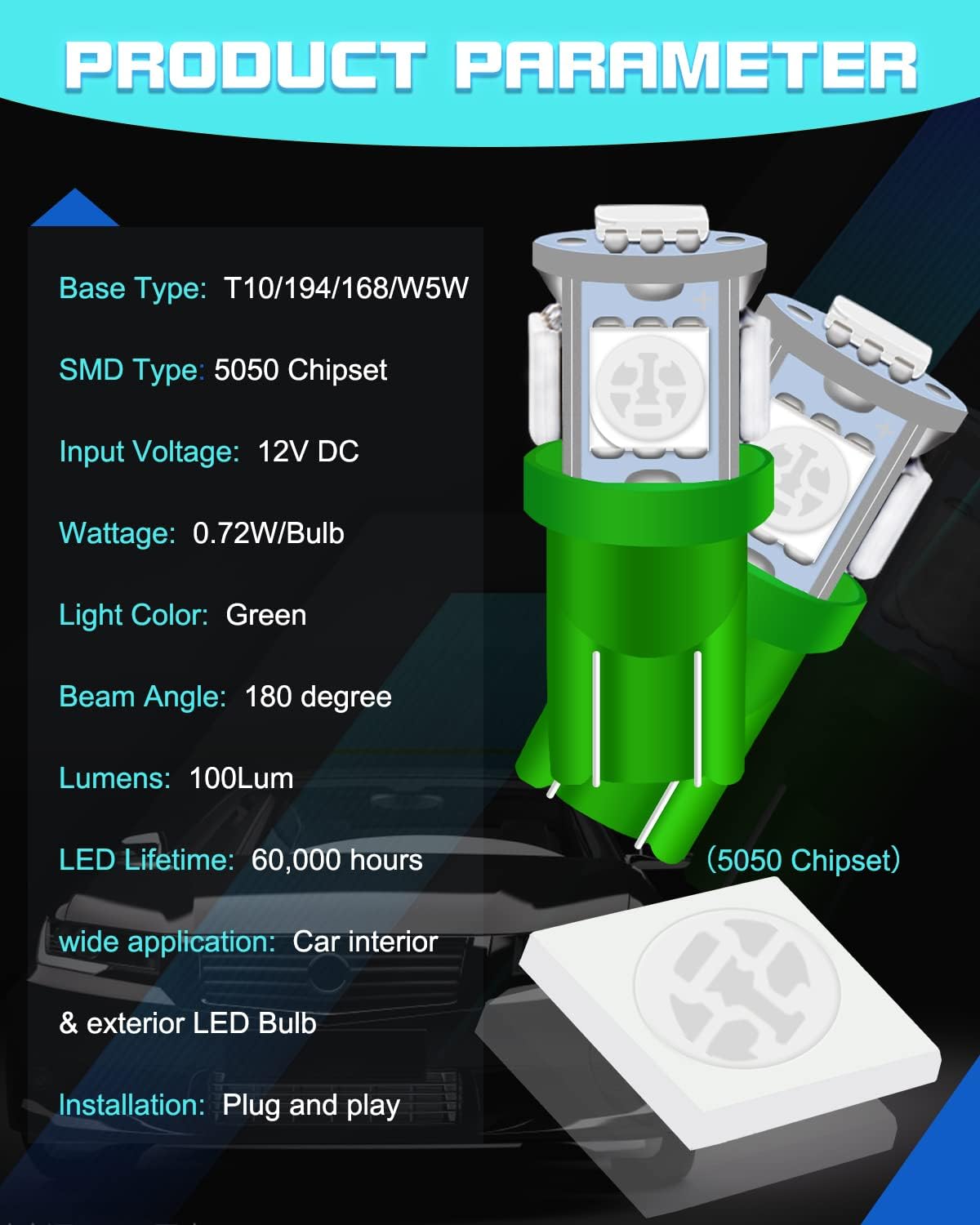 25-Pack 194 LED Light Bulb, Super Bright T10 LED Bulb Green, 2825 Bulb 5050 Chipset 5-SMD, W5W 168 LED Bulbs Replacement for 12V Car Interior Dome Map Door Courtesy License Plate Lights