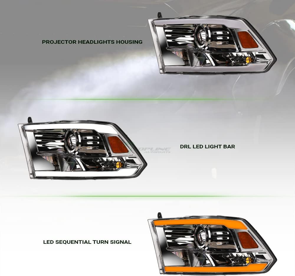 Switchback Sequential LED Strip Tube Bar Chrome Housing Projector Headlights Signal Lamps Amber Reflector nb Compatible With 09-18 Dodge Ram 1500/19-24 Classic / 10-18 2500 3500