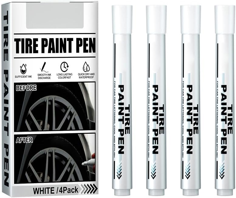 4 Pack White Tire Paint Markers, Fast Drying Fade resistive watertight Oil Based Ink with Innovative Valve Design for Auto Rubber Tyre Tread Detail Work Artists Students