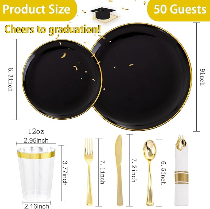 KIRE 350 PCS Plastic Dinnerware Set for 50 Guests - Black and Gold Plates 50 ...