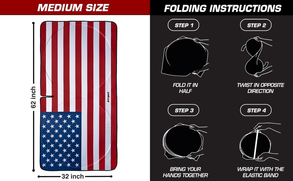 Autopect Windshield Sun Shade - American Flag Design, High-Resolution Sun Visor for Car, Truck, SUV with Mirror Cut-Out for Interior Sun Protection, Foldable Car Sun Shade (Original, Medium)