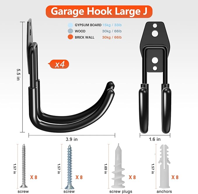 Heavy Duty Garage Hooks 4 Pack, J Shaped Hanger, Wall Mounted Storage System - Image 2