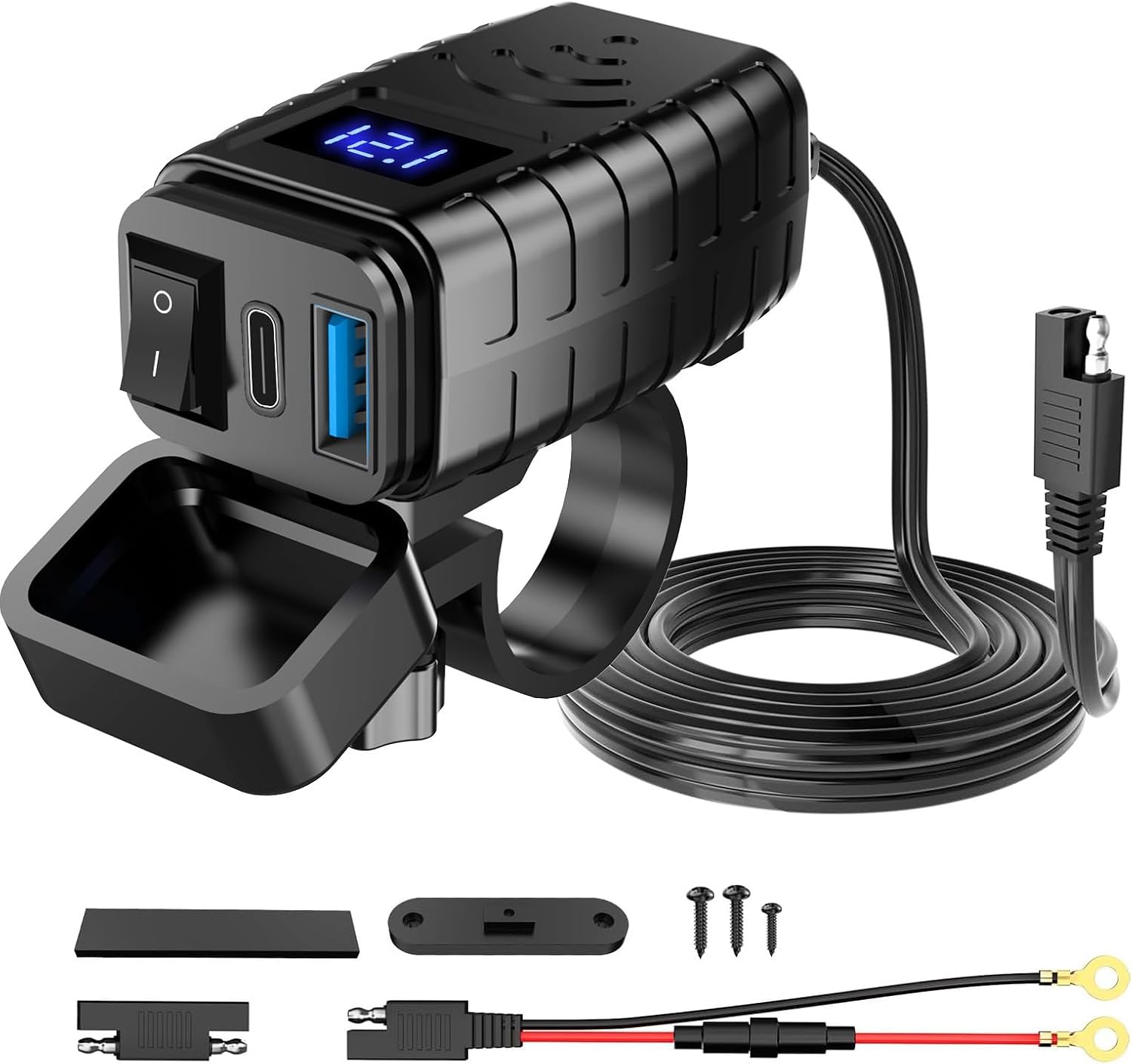 Motorcycle Phone Charger,Dual USB Type C PD & Quick Charge 3.0 Motorcycle USB Charger with Voltmeter & ON/Off Switch, Waterproof Motorcycle Accessories for Phone, Tablet, GPS, etc