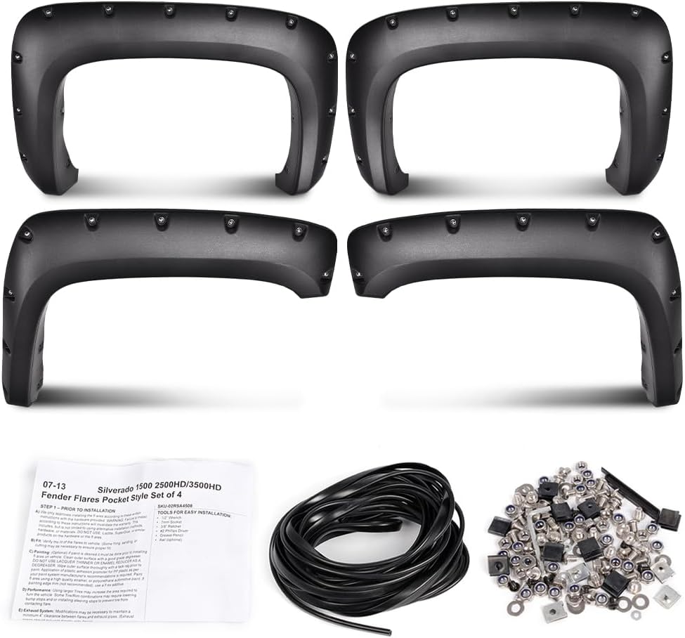 CROSSDESIGN Fender Flares Fit 2007-2013 Chevy Silverado 1500 2500HD 3500HD 6.5' 8' Bed, UV Resistant Factory Style Black Wheel Flares Cover Wheel Well Rust, 4 Pieces Kit Exclude Dually & GMC Sierra