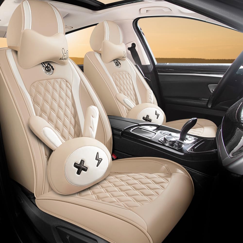 Cute Bunny Seat Cover 5 Set with Waterproof PU Leather for Cars SUV Pick-up T...
