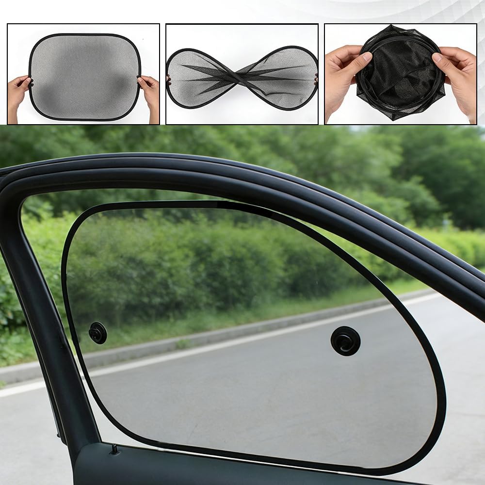 5PCS Set Car Window Shade, Car Sun Shade Side Window, Sunshine Glare & UV Rays Protection Sunshade with Suction Cup, Auto Sun Blocker Screen Accessories for All Season (2PCS/Side with Hole)