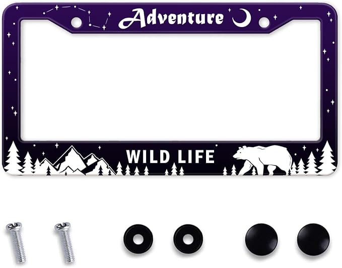 Adventure Awaist License Plate Frame, Mountains Forest Bear Tag Plate Frame by MIXWIT