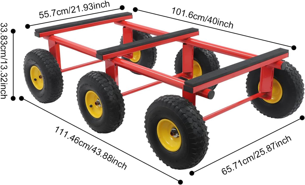 6-Wheel All-Terrain Mover, Heavy Duty All Terrain Dolly with Pneumatic Tires and End Cap, 1200LBS Load Capacity, Carbon Steel Furniture Moving Dolly for Logistics, Decoration 40"X21.93"