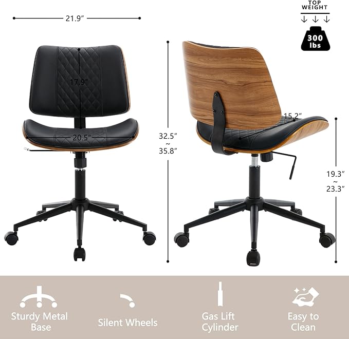 Home Office Chair No Arms with Wheels, Adjustable Height Small Desk Chair