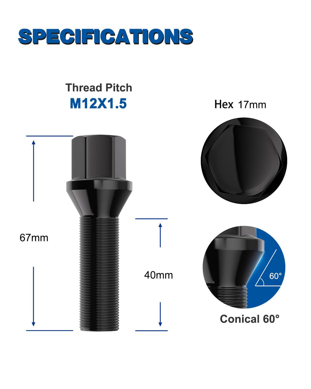 GAsupply 12X1.5 Lug Bolts Fit for E82 E88 E91 E92 E93 E36 E30 E90 E28 E34 E23, 20pcs 12-1.5 40mm Shank Extended Wheel Bolts/Studs Black, 17mm Hex, Cone Seat for 15mm Aftermarket Spacer