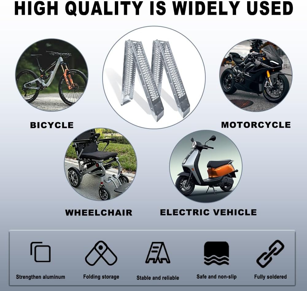 Alloy Steel Motorcycle Ramp, 750 Lbs Capacity, 78in Folding Loading Ramp with Load Straps for Pickup Trucks, Motorcycles, ATVs, UTVs, Lawn Mowers, Dirt Bikes (1)
